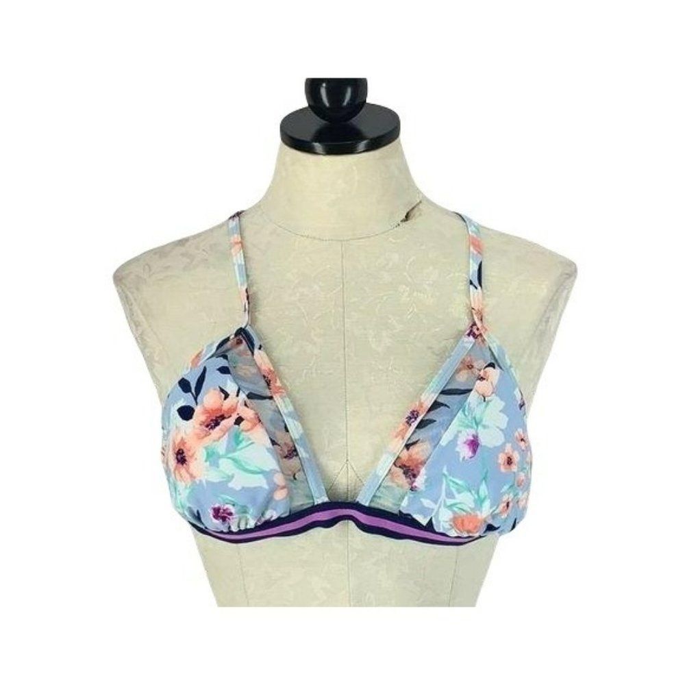 No Boundaries Floral Mesh Racerback Triangle Bikini Topā Blue XL 15-17